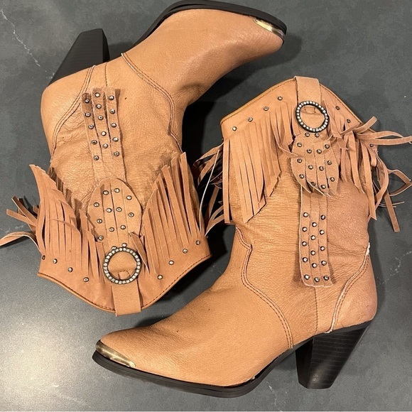 NWT Santa Fe Boot sz 8 tan leather fringed bling cowgirl boots - Picture 9 of 16